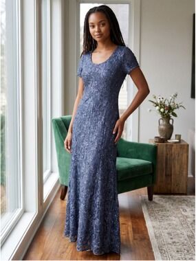 Alex Evenings Blue Floral Sequin Maxi Dress Size 16